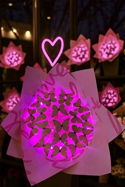 Led Işıklı Mor Kelebek Buketi Sevgiliye Hediye Doğum Anneler Günü Yapay Çiçek Solmayan Anneye