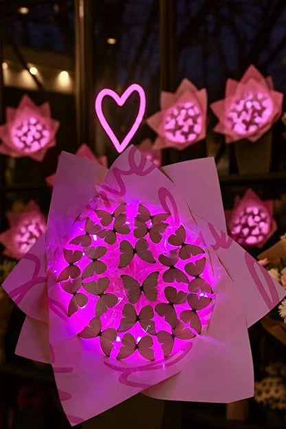 Led Işıklı Mor Kelebek Buketi Sevgiliye Hediye Doğum Anneler Günü Yapay Çiçek Solmayan Anneye